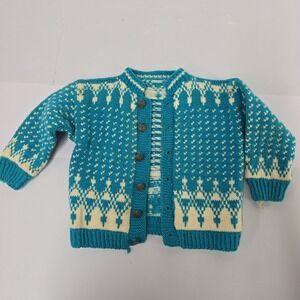 Vintage Hand Knit Fair Isle Toddler Cardigan Sweater Teal Cream Metal Buttons